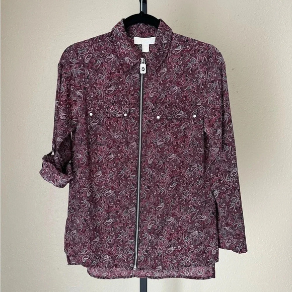 MICHAEL Michael Kors Women's Pop Paisley Zip-Front Top w/roll button sleeves PXS - Picture 2 of 6